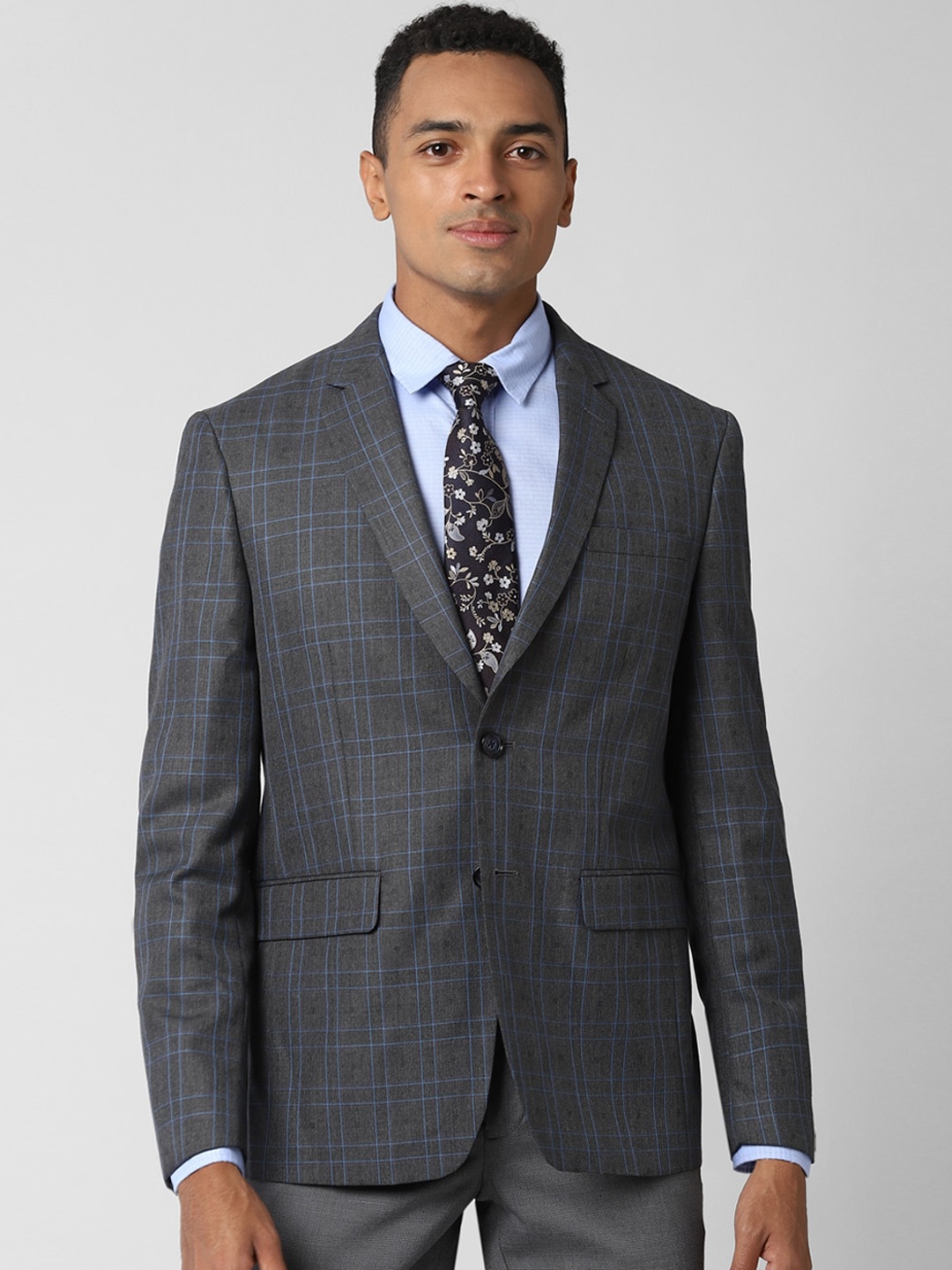 

Peter England Elite Men Grey & Blue Checked Slim-Fit Formal Blazer