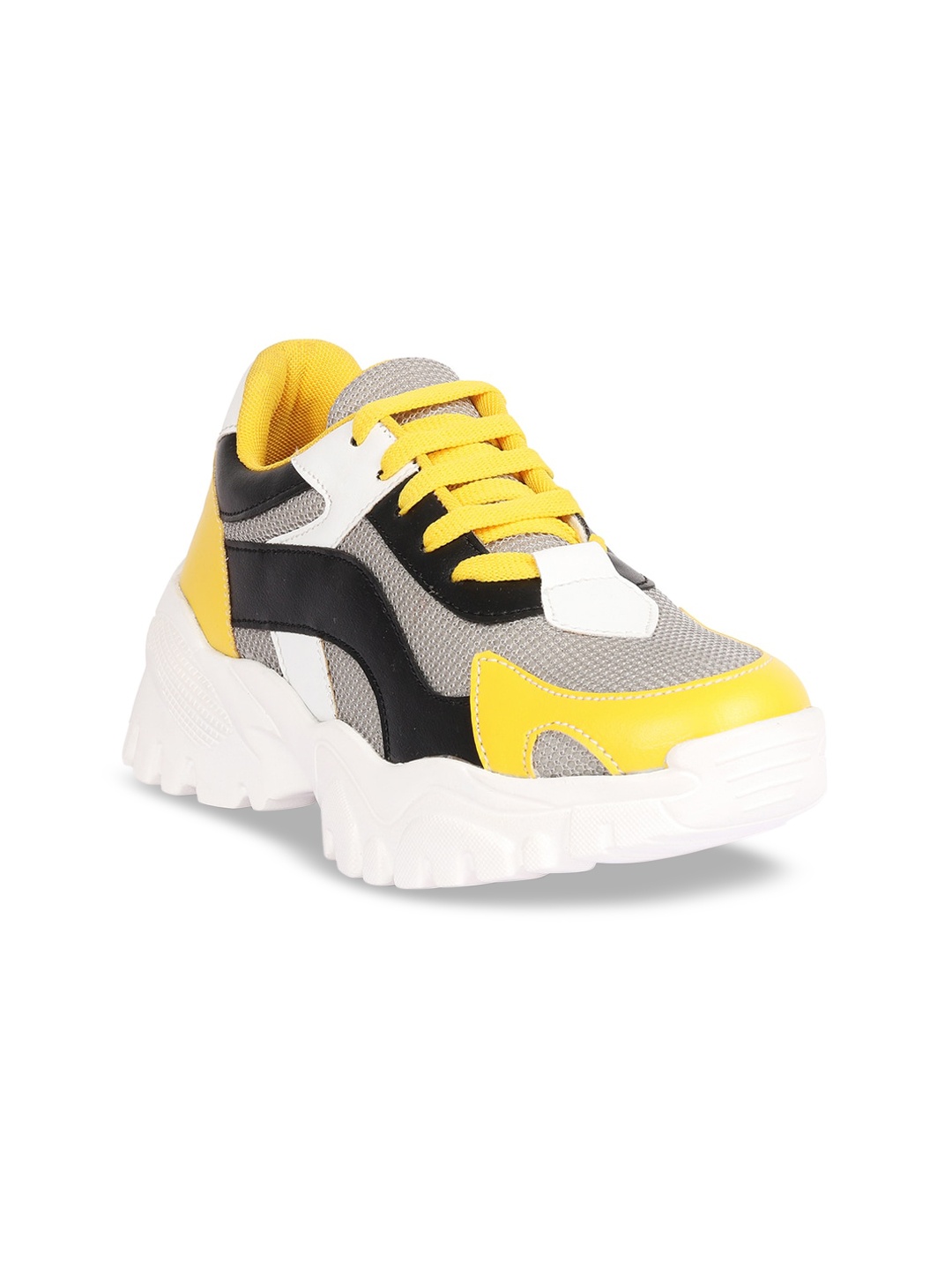 

ZAPATOZ Women Grey & Yellow Colourblocked PU Sneakers