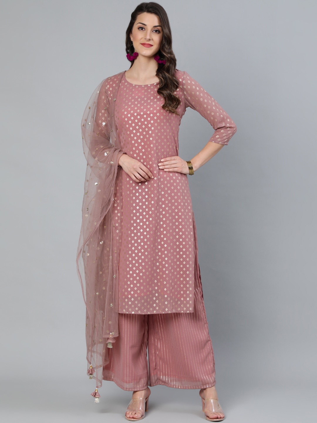 Nayo Women Mauve Printed Straight Kurta Plazzo & Sequence Net Dupatta