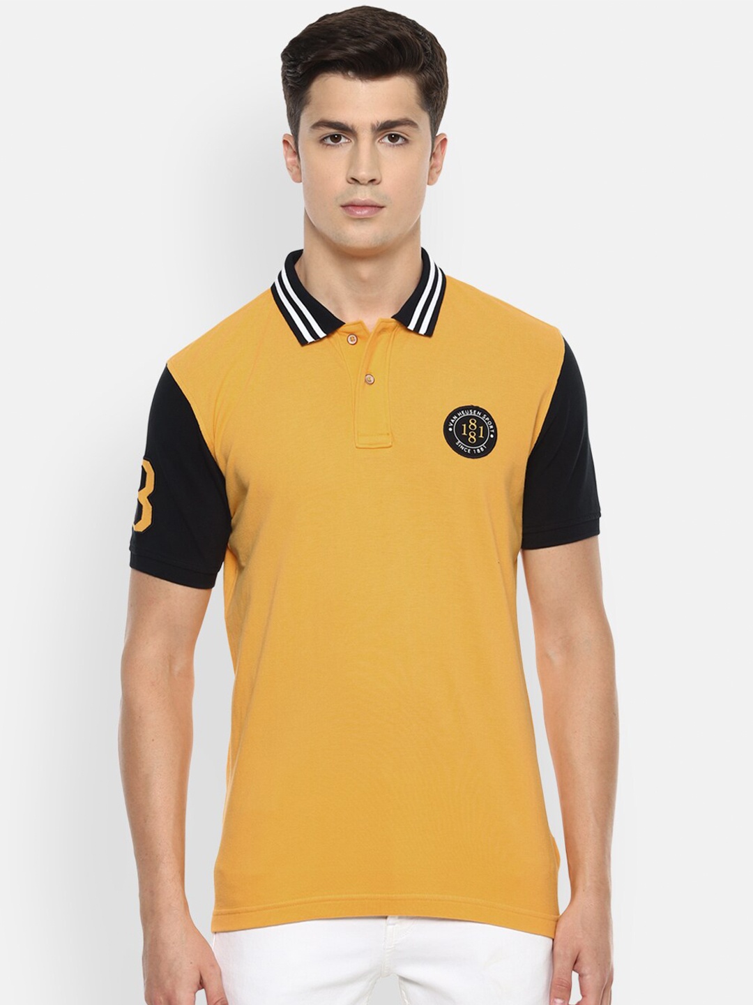 

Van Heusen Sport Men Yellow Colourblocked Polo Collar Pure Cotton T-shirt