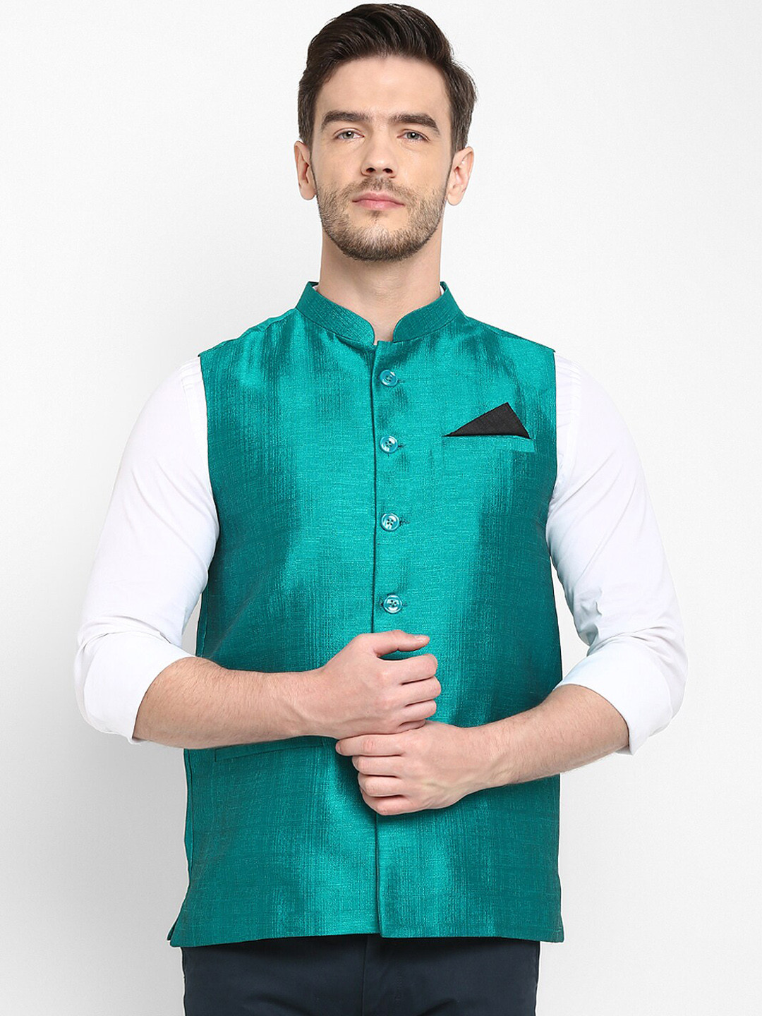 

Hangup Men Green Solid Nehru Jacket
