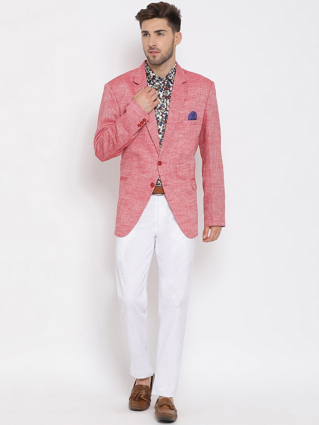 Hangup Men Pink & White Self-Design Single-Breasted Three-Piece Linen Casual Suit