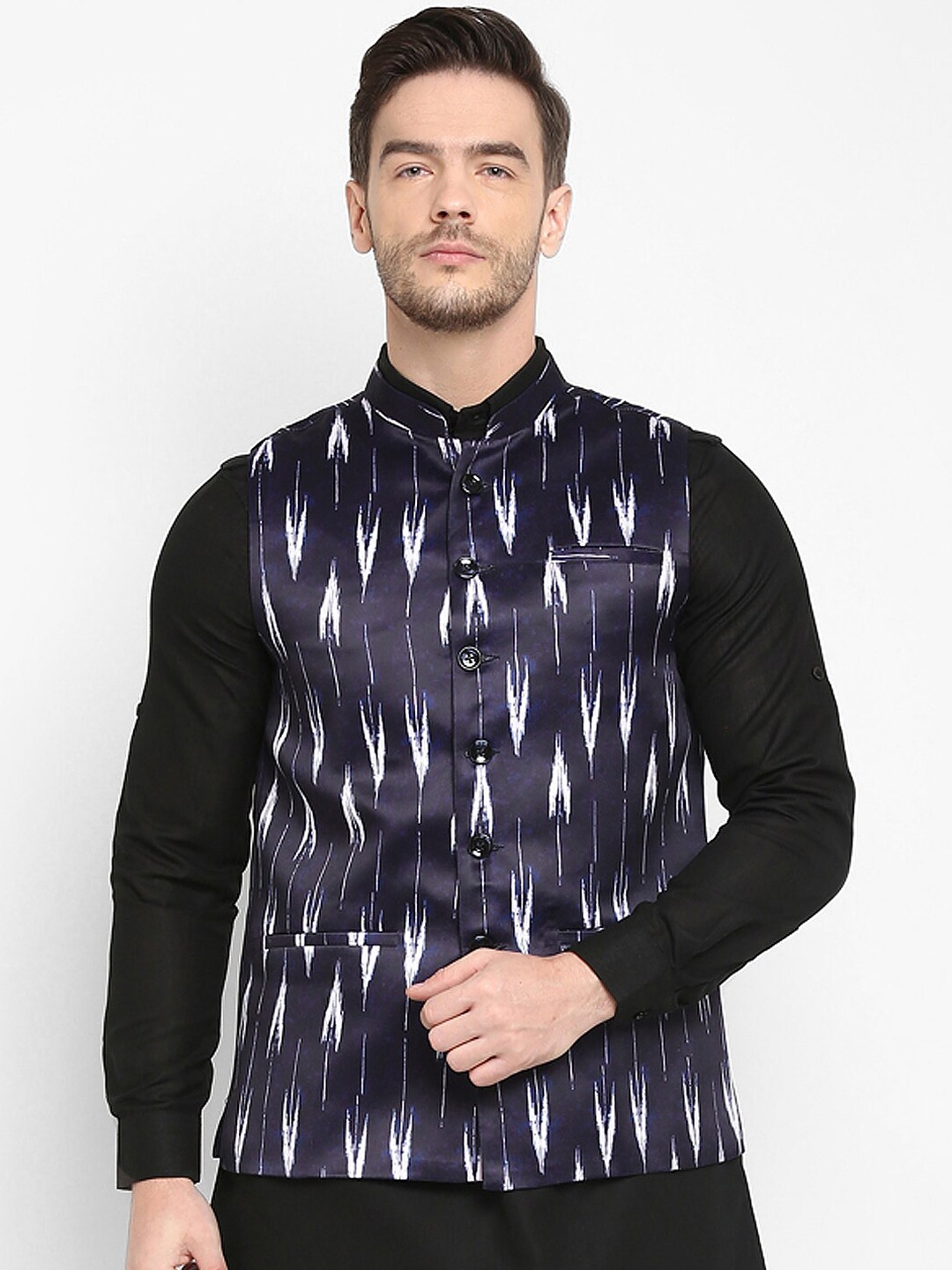 

Hangup Men Navy Blue & White Printed Nehru Jacket