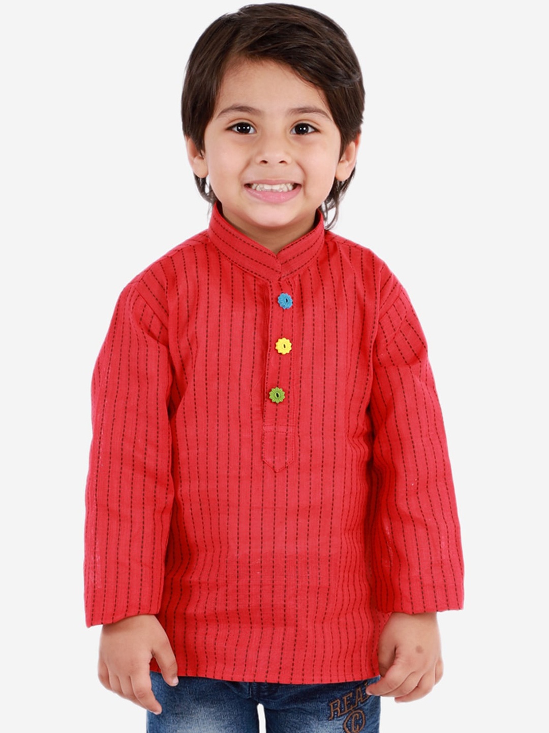 

KID1 Boys Red Striped Thread Work Handloom Kurta