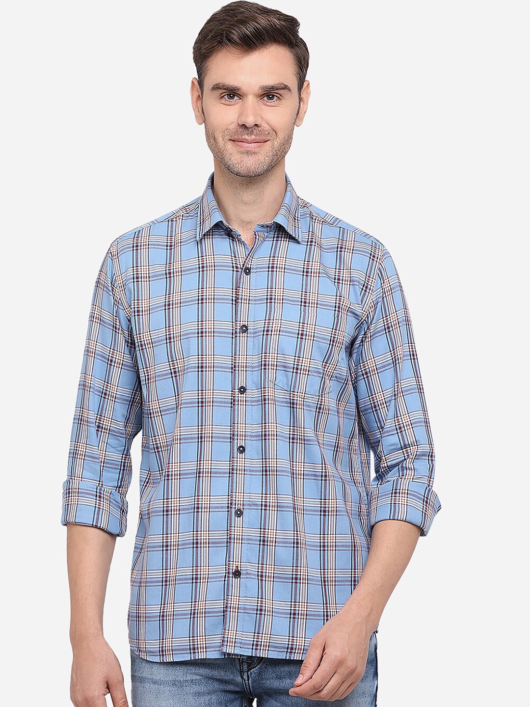 

Greenfibre Men Blue & White Slim Fit Checked Casual Shirt
