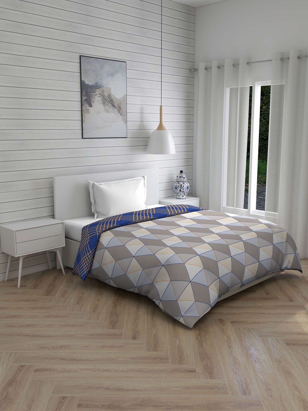 

Layers Blue & White Geometric AC Room 120 GSM Single Bed Comforter