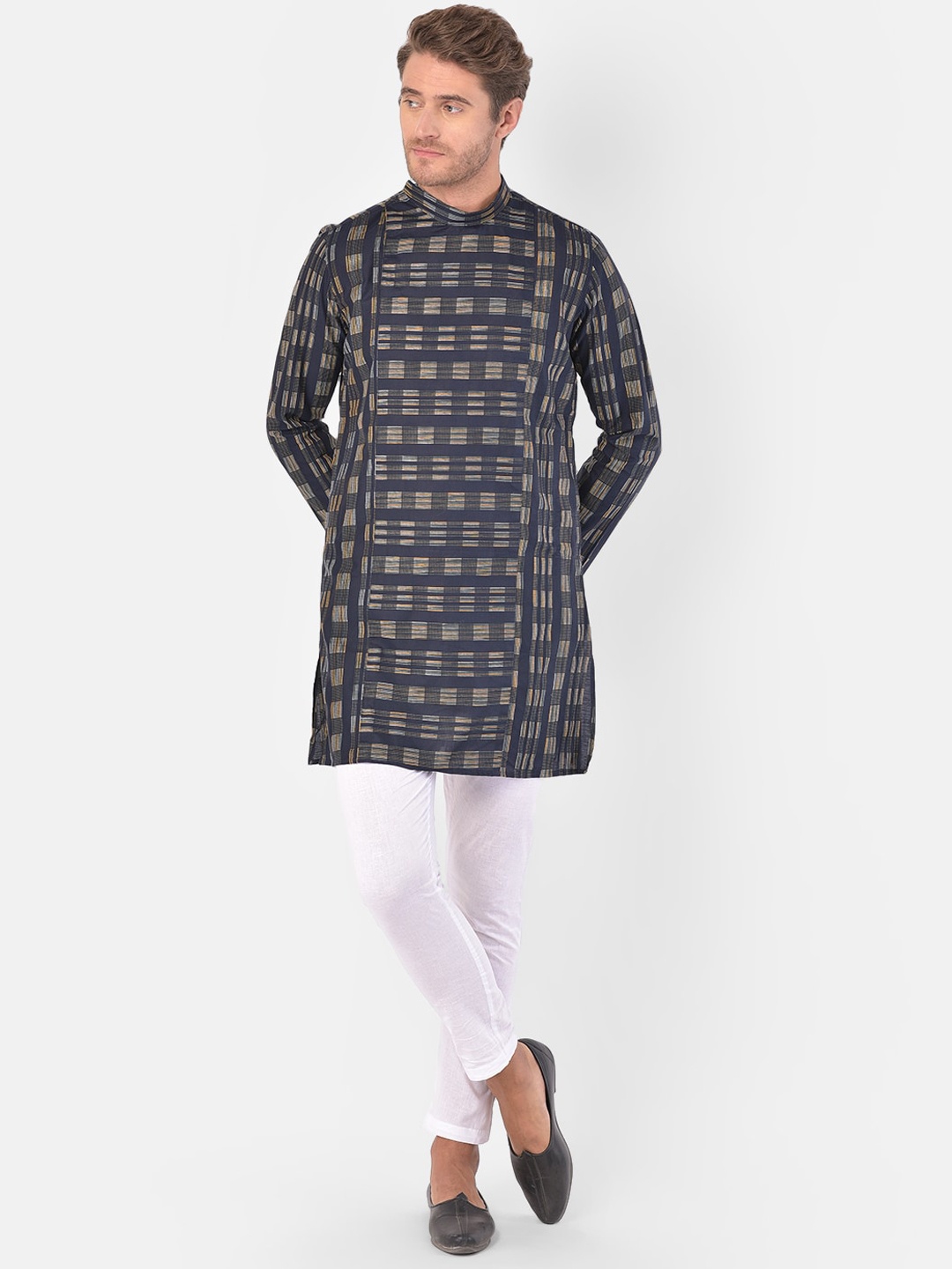 

LAMAAYA Men Navy Blue Striped Kurta and Churidar Set