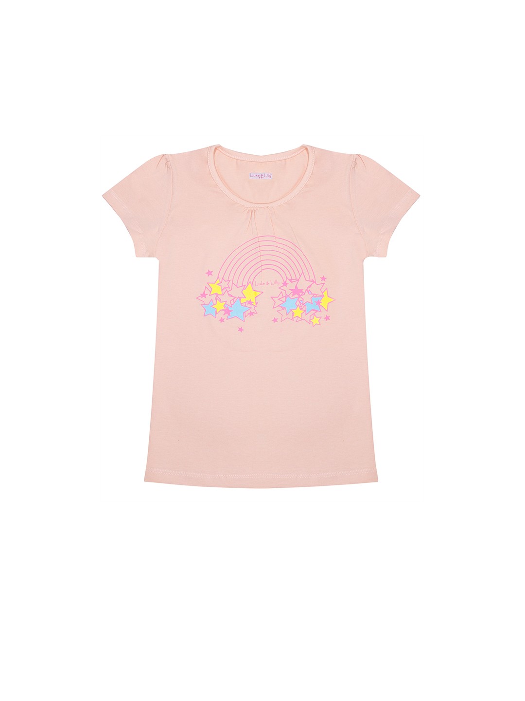 

Luke & Lilly Girls Peach-Coloured & Yellow Cotton Printed Round Neck T-shirt