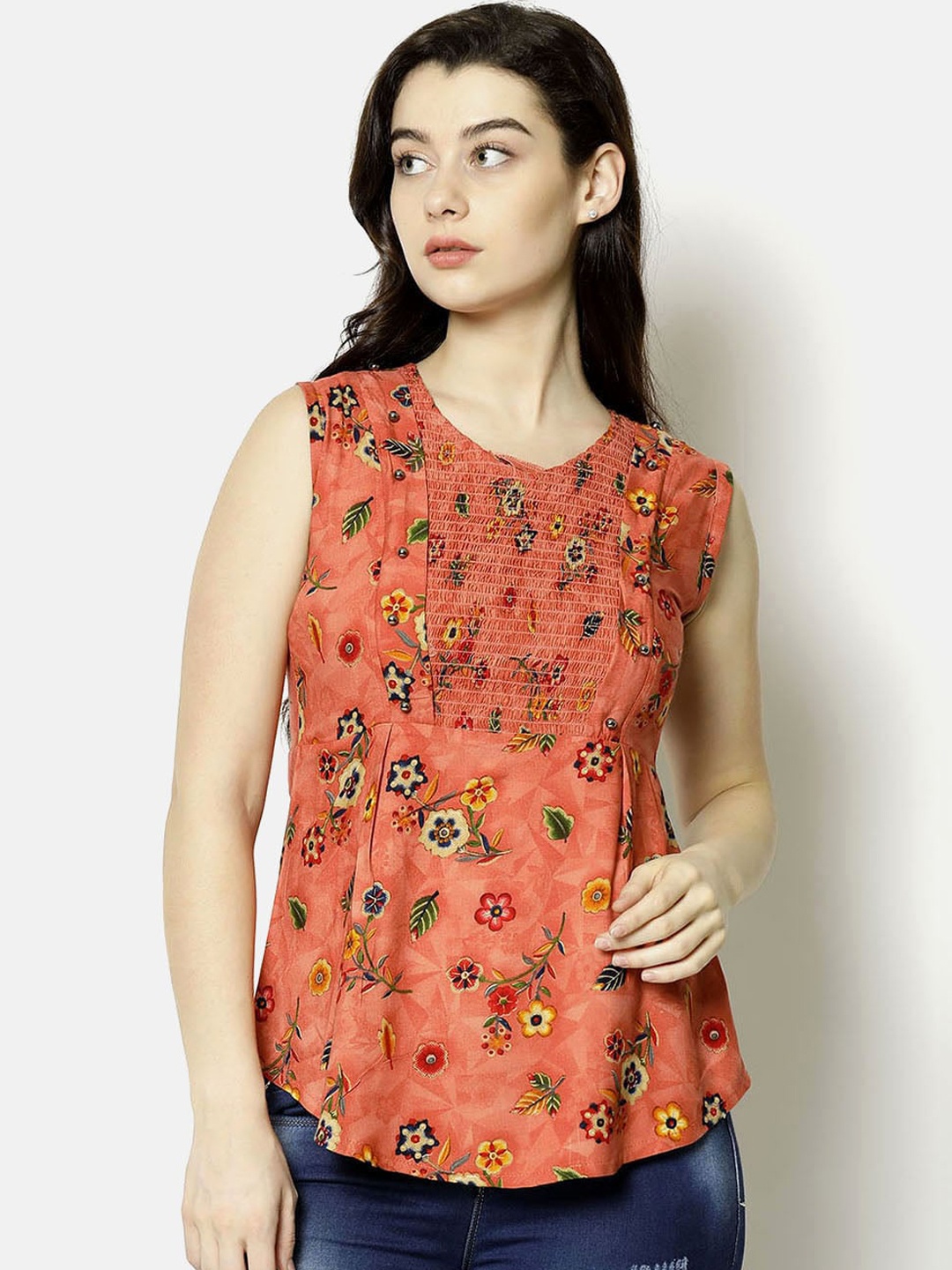 

V2 Value & Variety Peach-Coloured Floral Regular Top