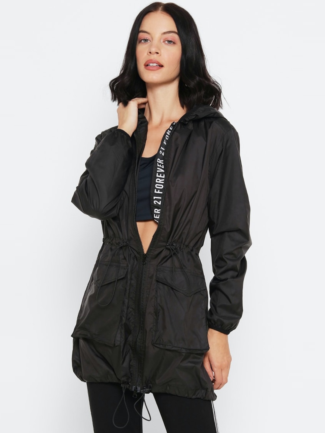 

FOREVER 21 Women Black Solid Hooded Longline Tailored Jacket