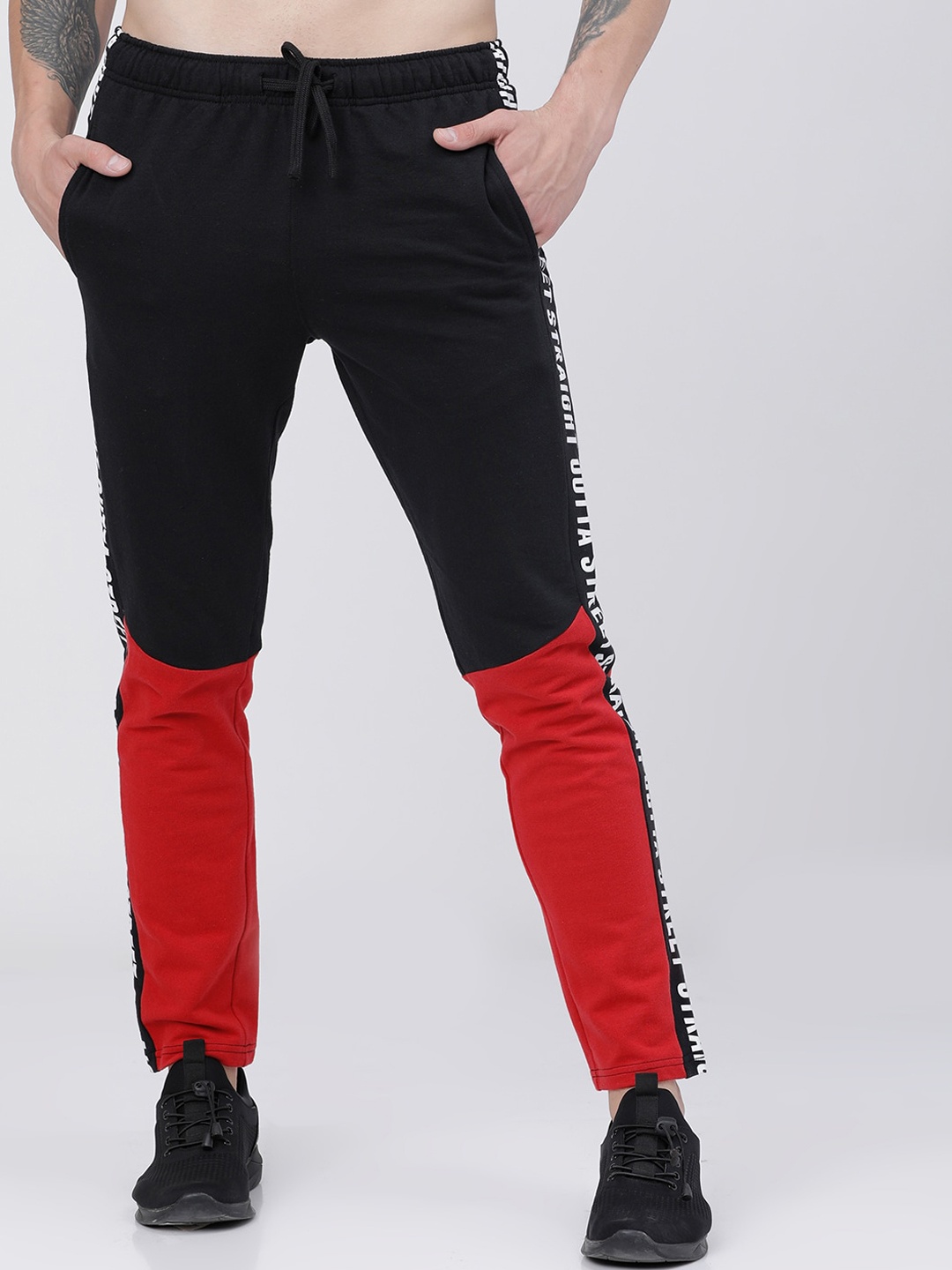 

LOCOMOTIVE Men Black & Red Colorblocked Slim Fit Track Pants