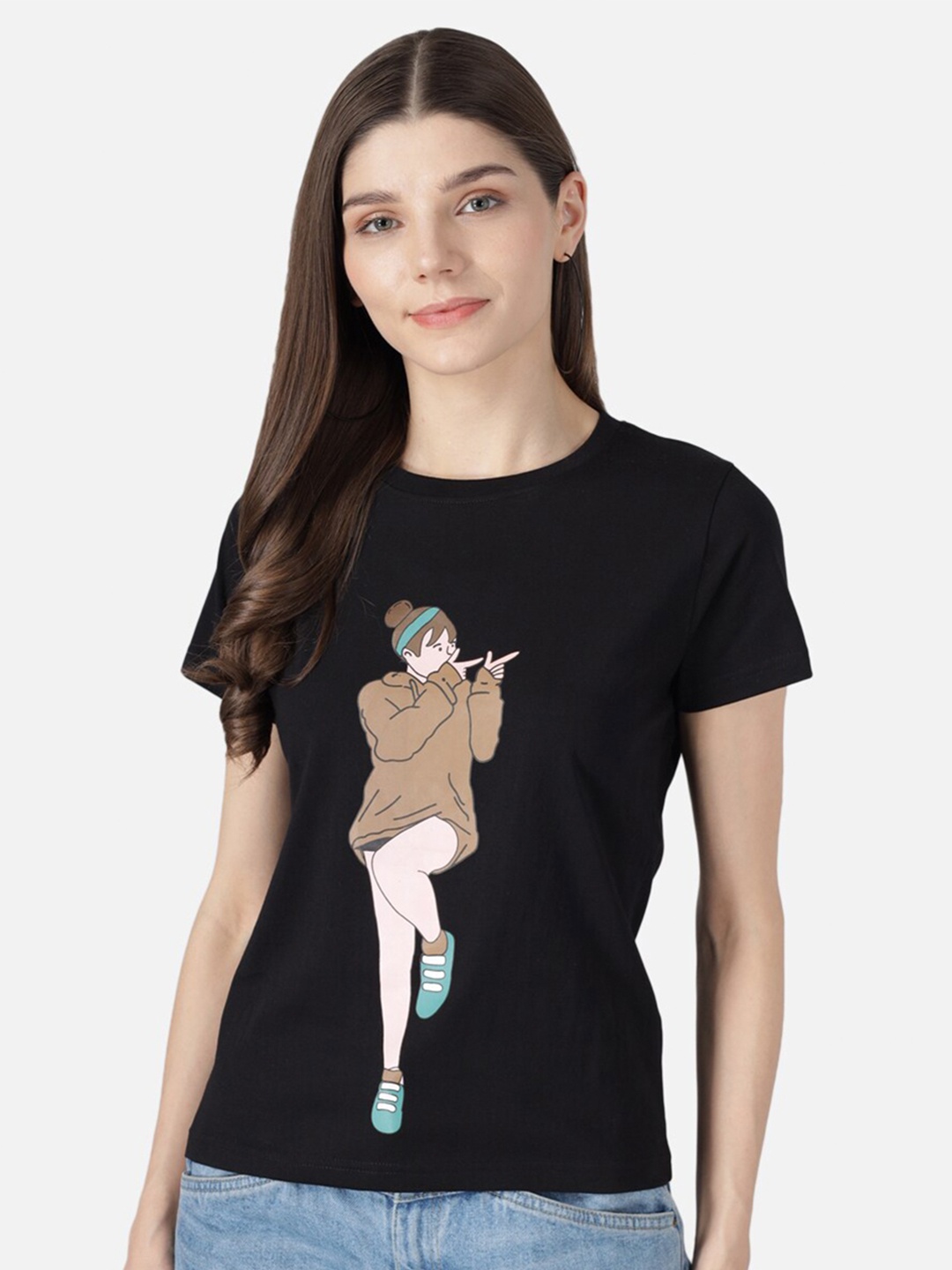

The Dry State Women Black & Beige Printed Cotton Round Neck T-shirt