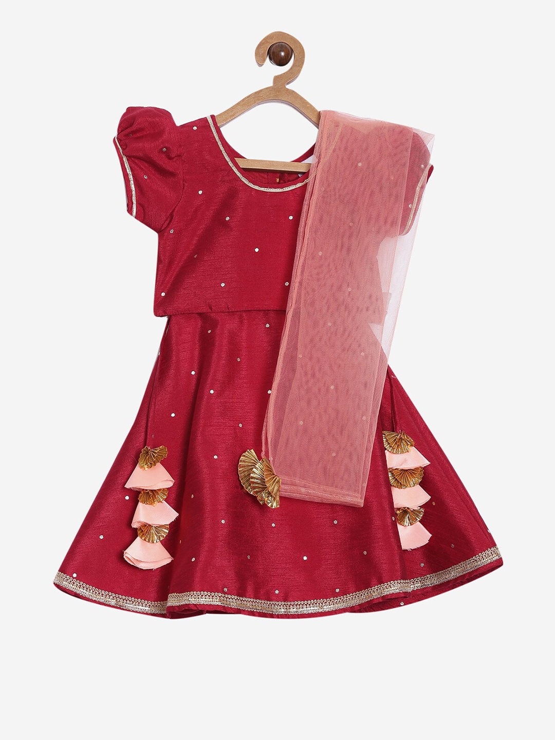 

Aomi Girls Maroon & Pink Embellished Ready to Wear Lehenga & Blouse with Dupatta