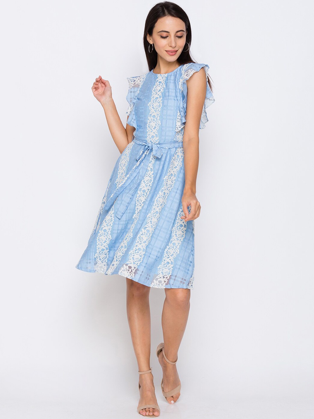 

Globus Women Blue & White Self Design A-Line Dress with Belt