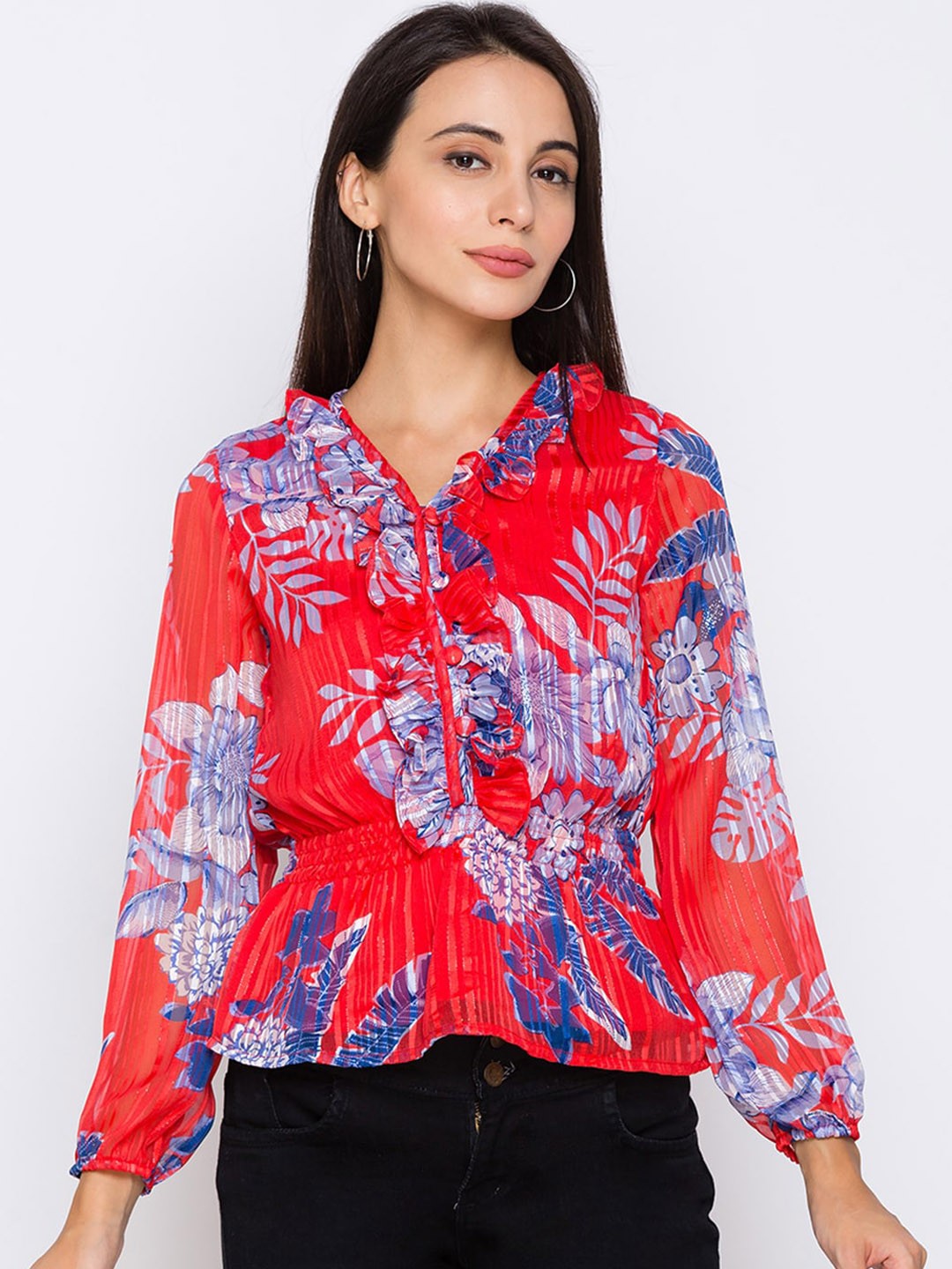 

Globus Red Floral Cinched Waist Top