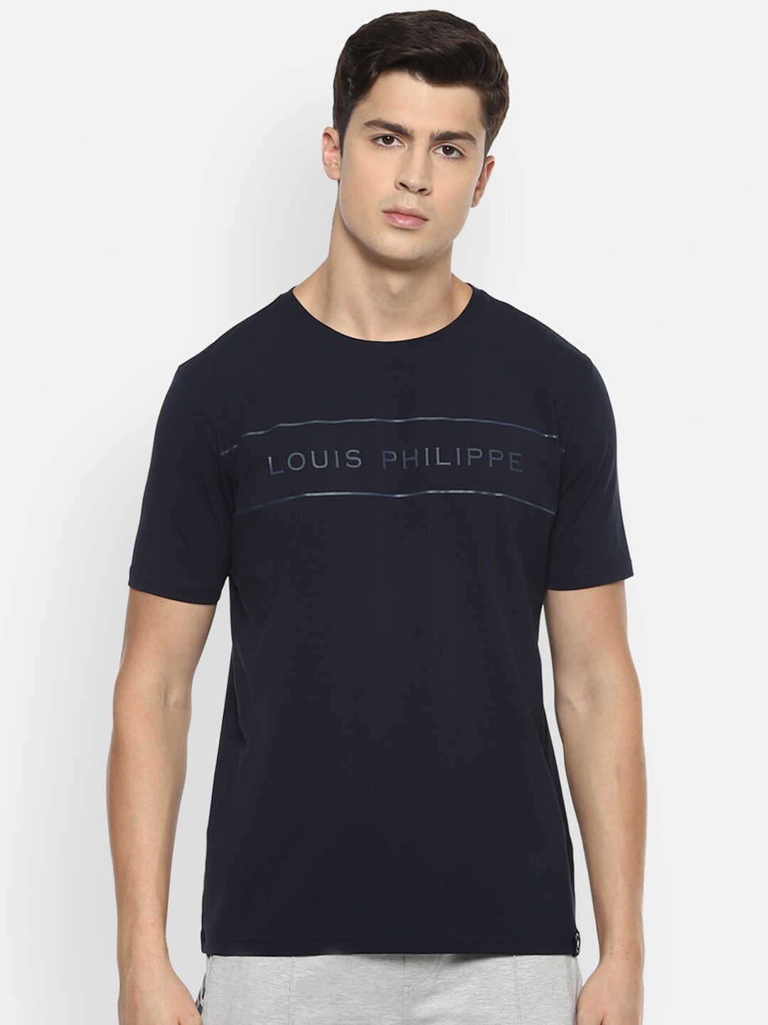 Louis Philippe ATHPLAY Men Navy Blue Solid Round Neck T-shirt