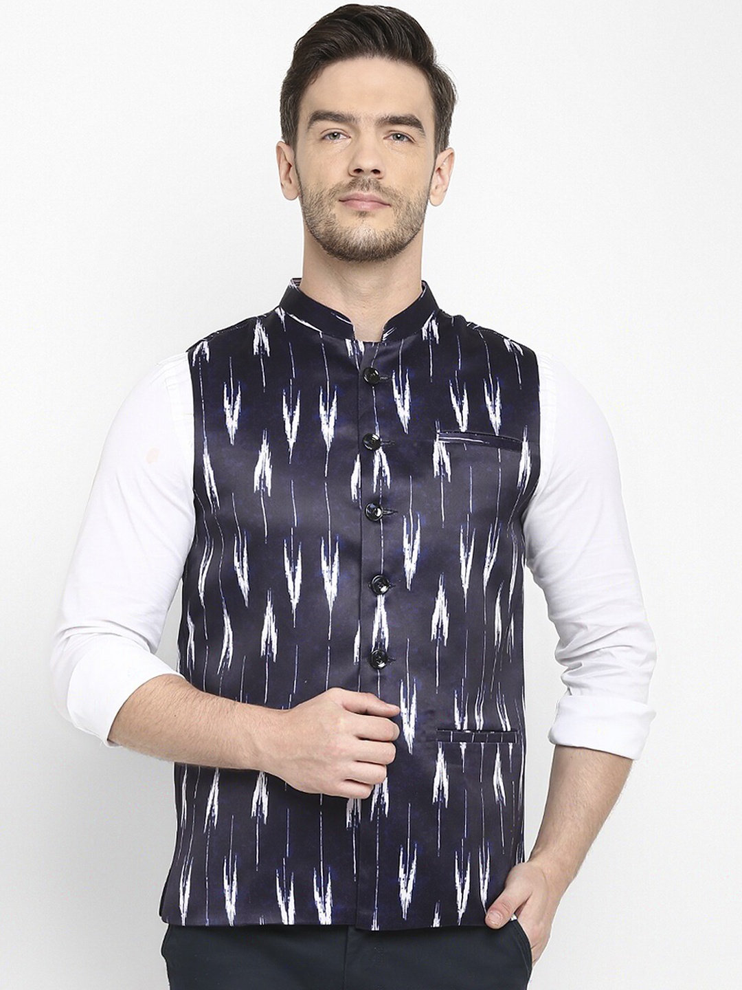 

Hangup Men Navy Blue & White Printed Nehru Jacket