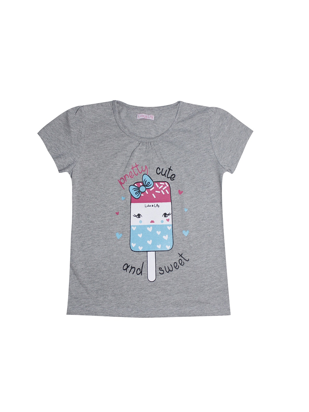 

Luke & Lilly Girls Grey Melange & Blue Cotton Printed Round Neck T-shirt