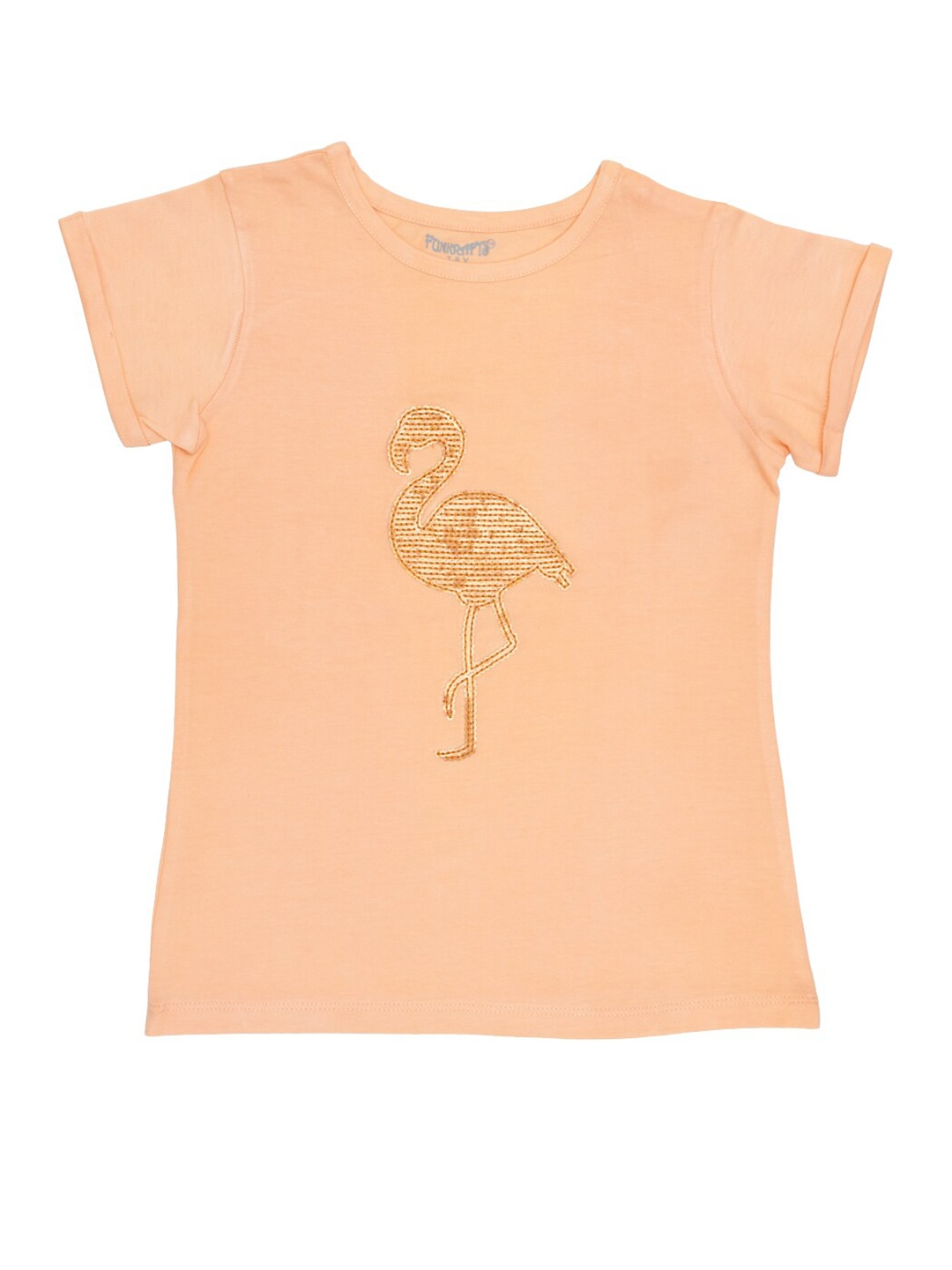 

FUNKRAFTS Girls Peach-Coloured Sequinned Round Neck Pure Cotton T-shirt