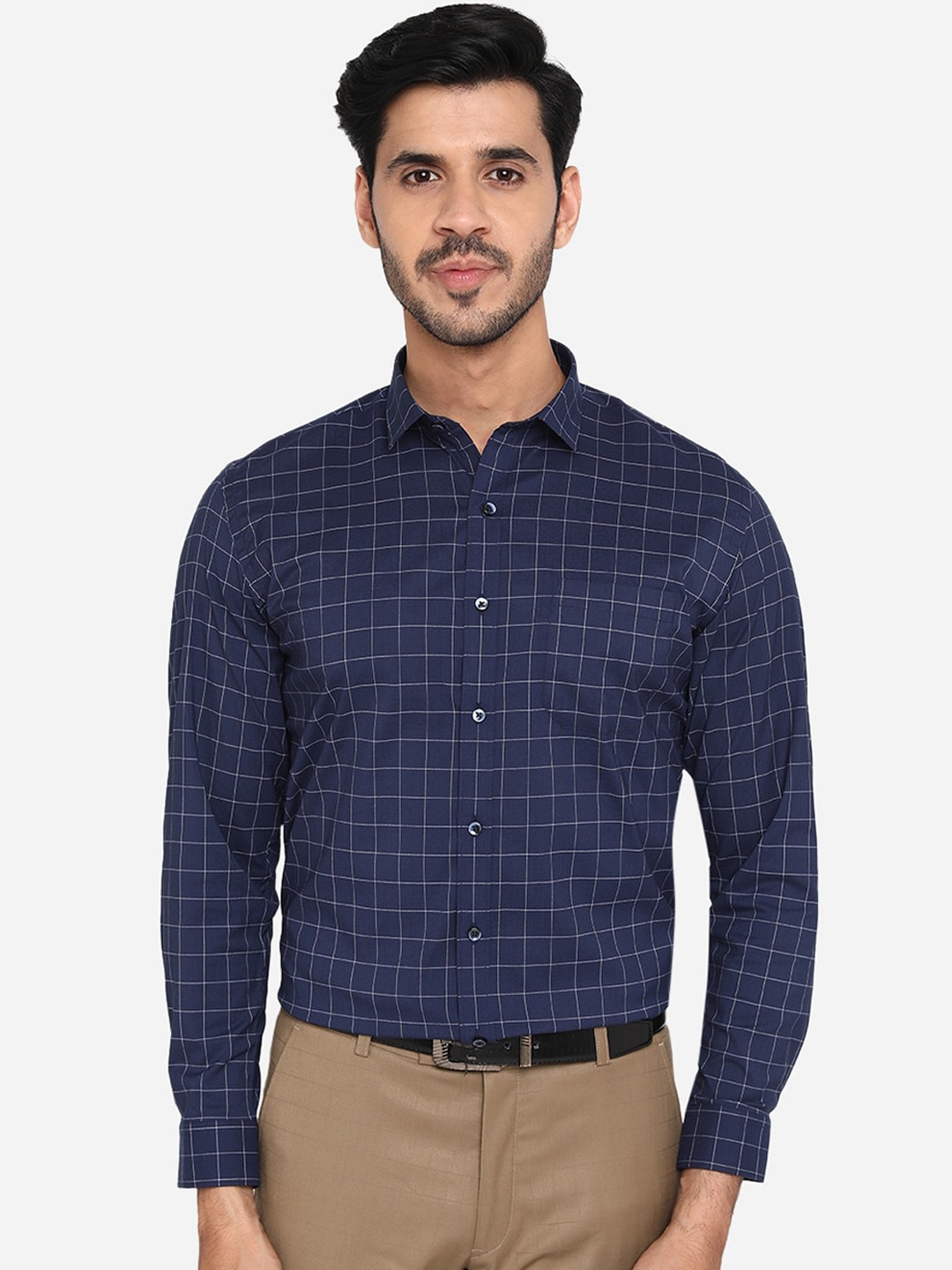 

Greenfibre Men Navy Blue & White Slim Fit Checked Formal Shirt