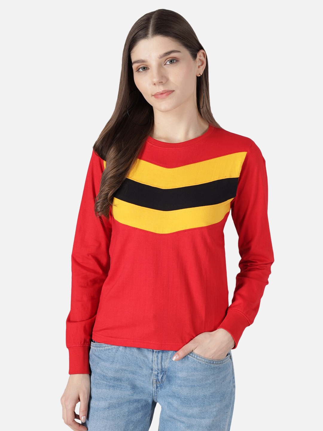 

The Dry State Women Red & Yellow Solid Cotton Round Neck T-shirt