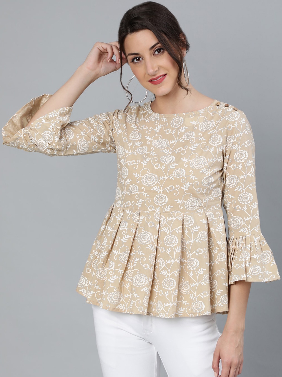 

Nayo Beige Floral Printed Peplum Top