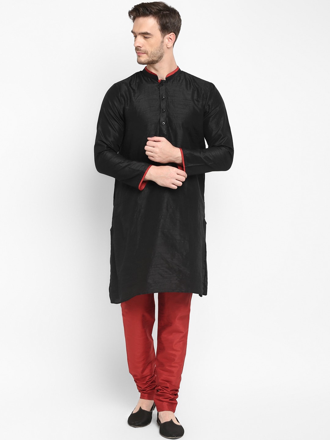 Hangup Men Black & Red Solid Kurta with Pyjamas