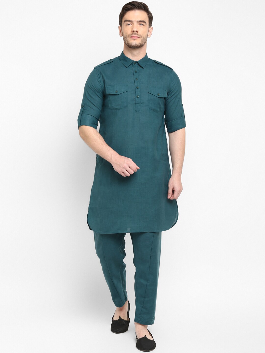 

Hangup Men Green Solid Kurta with Pyjamas
