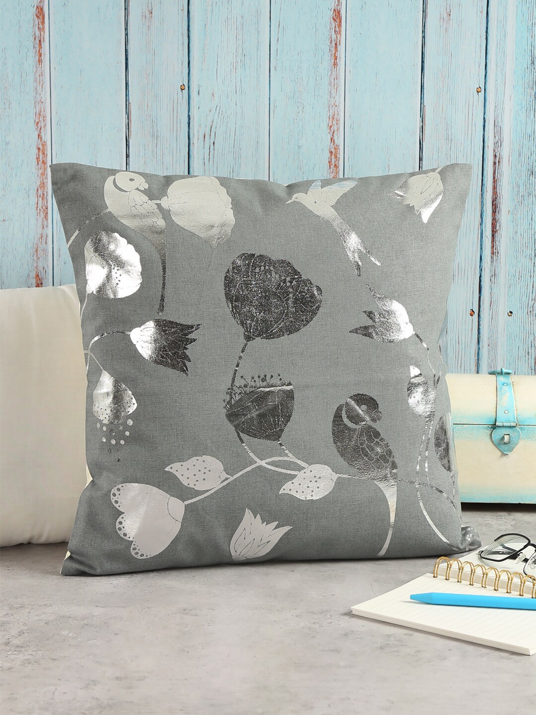 

India Circus by Krsnaa Mehta Grey & Silver-Toned Set of Single Floral Square Cushion Covers
