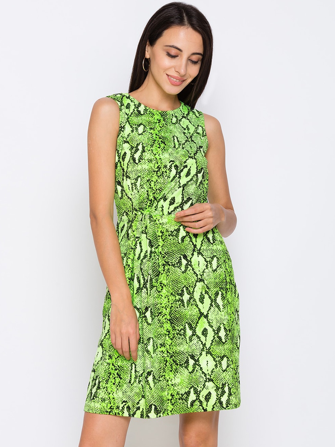 Globus Women Green & Black Snake Skin Print Printed A-Line Dress