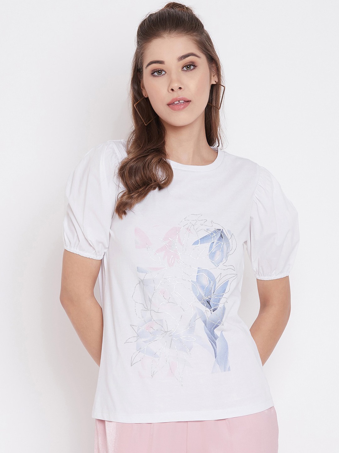 

Madame White & Blue Printed Regular Top