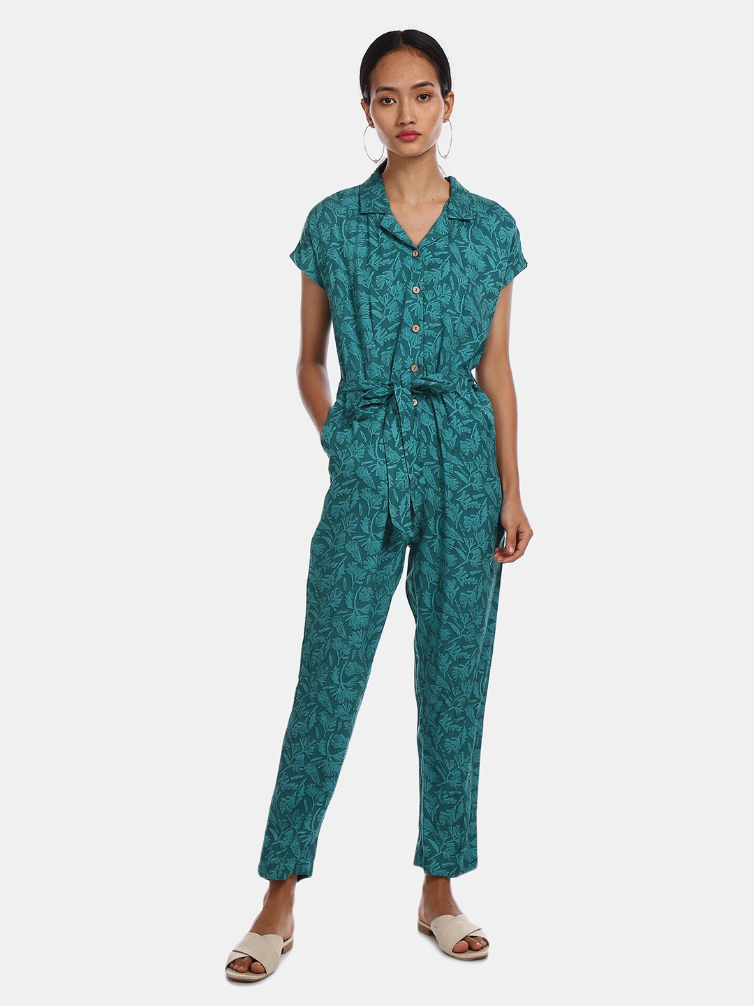 

Cherokee Women Teal Printed Basic Jumpsuit