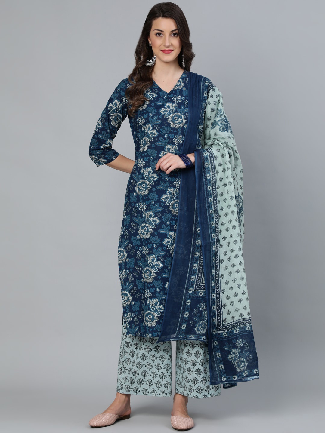 

Nayo Women Blue Printed Straight Kurta With Plazzo & Dupatta