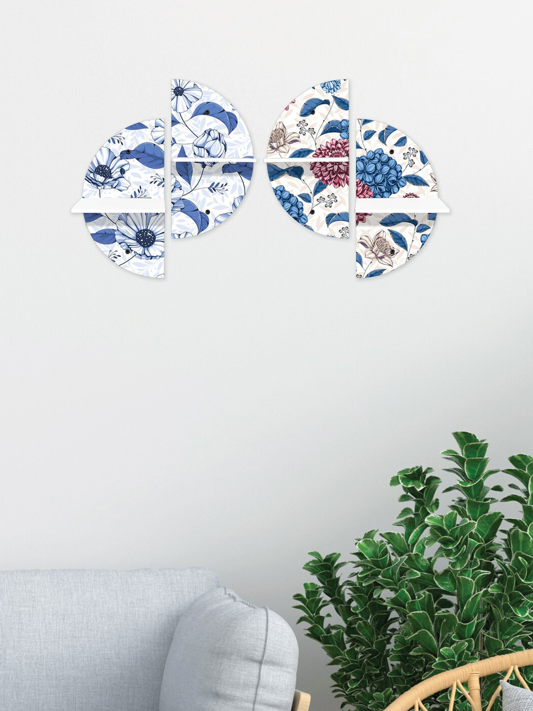 

RANDOM Set Of 4 White & Blue Floral Printed MDF Basic Wall Shelves