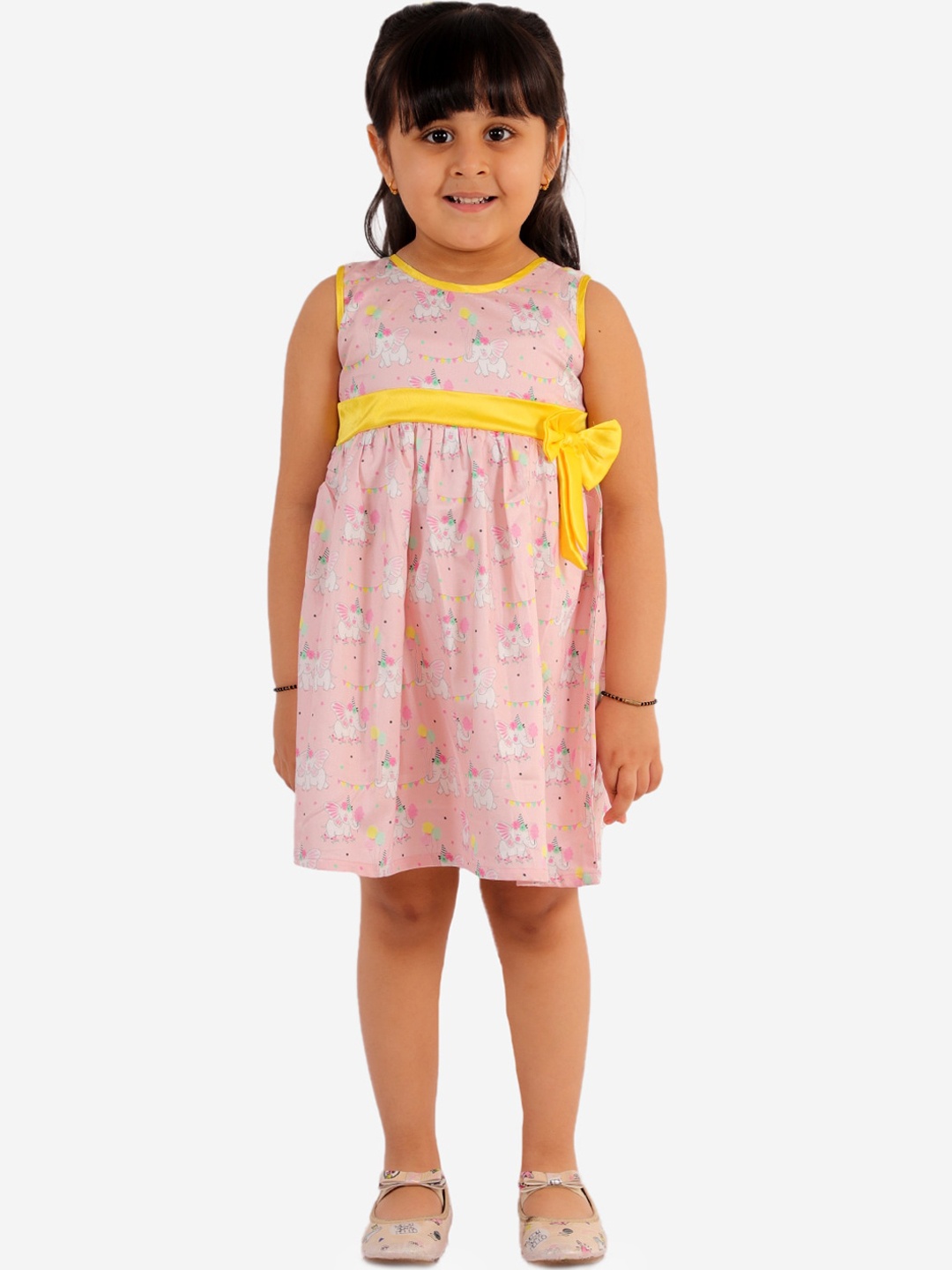 

KID1 Girls Pink & White Elephants Print Cotton A-Line Dress