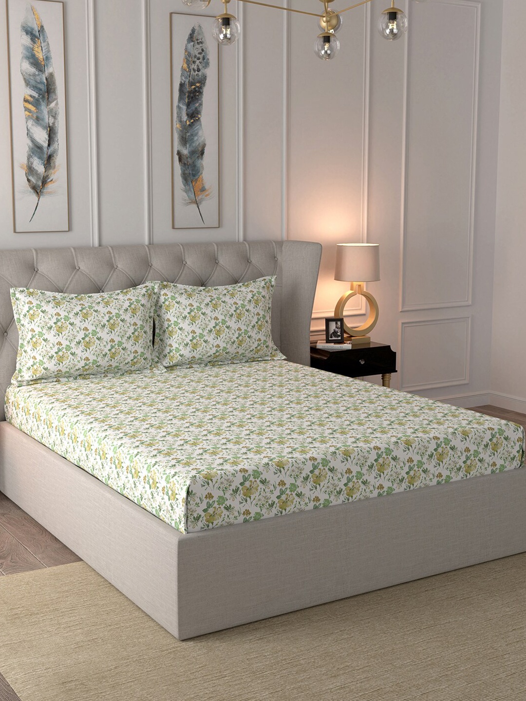 

In-House by maspar White & Green Floral 144 TC Cotton 1 Queen Bedsheet with 2 Pillow Covers