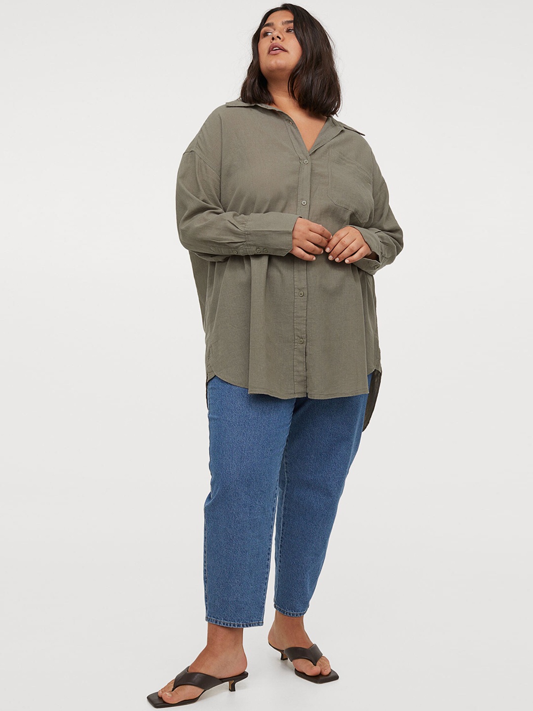 

H&M+ Women Green Linen-Blend Shirt