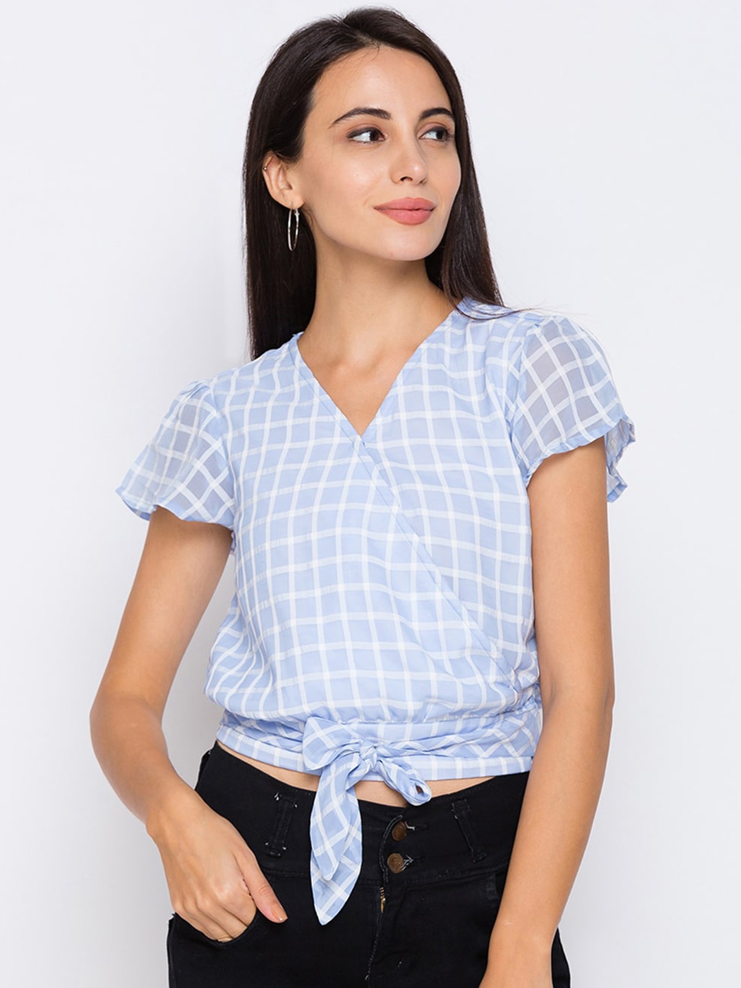 

Globus Blue Checked Wrap Top