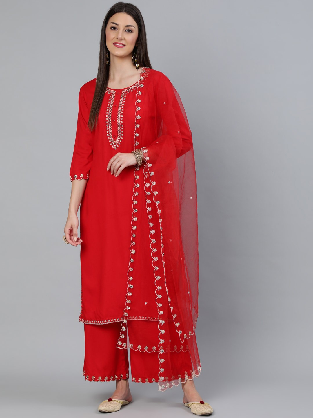 

Nayo Women Red Embroidered Straight Kurta Plazzo & Scalloped Dupatta