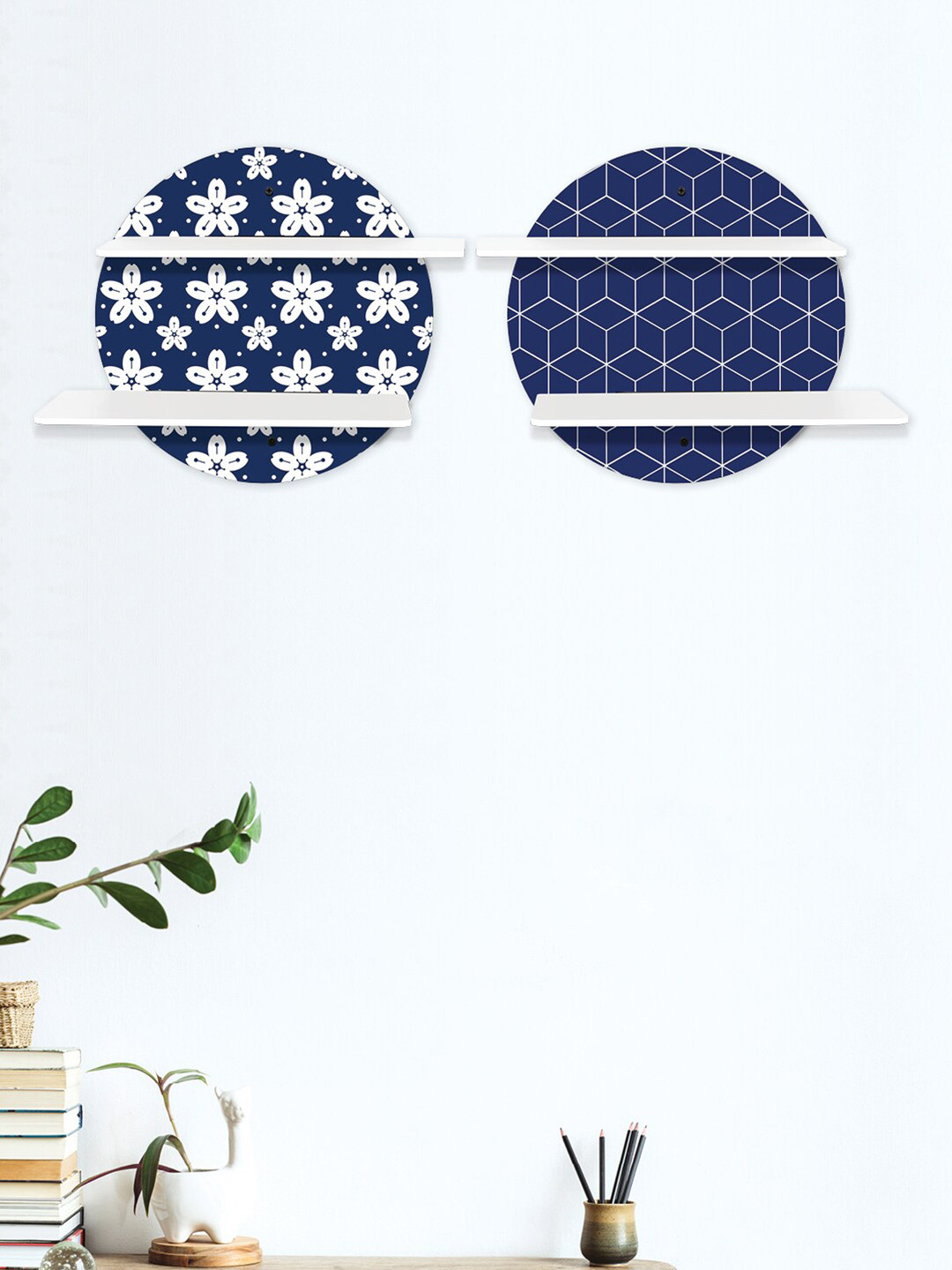

RANDOM Set Of 2 Navy Blue & White Printed MDF Basic Wall Shelves