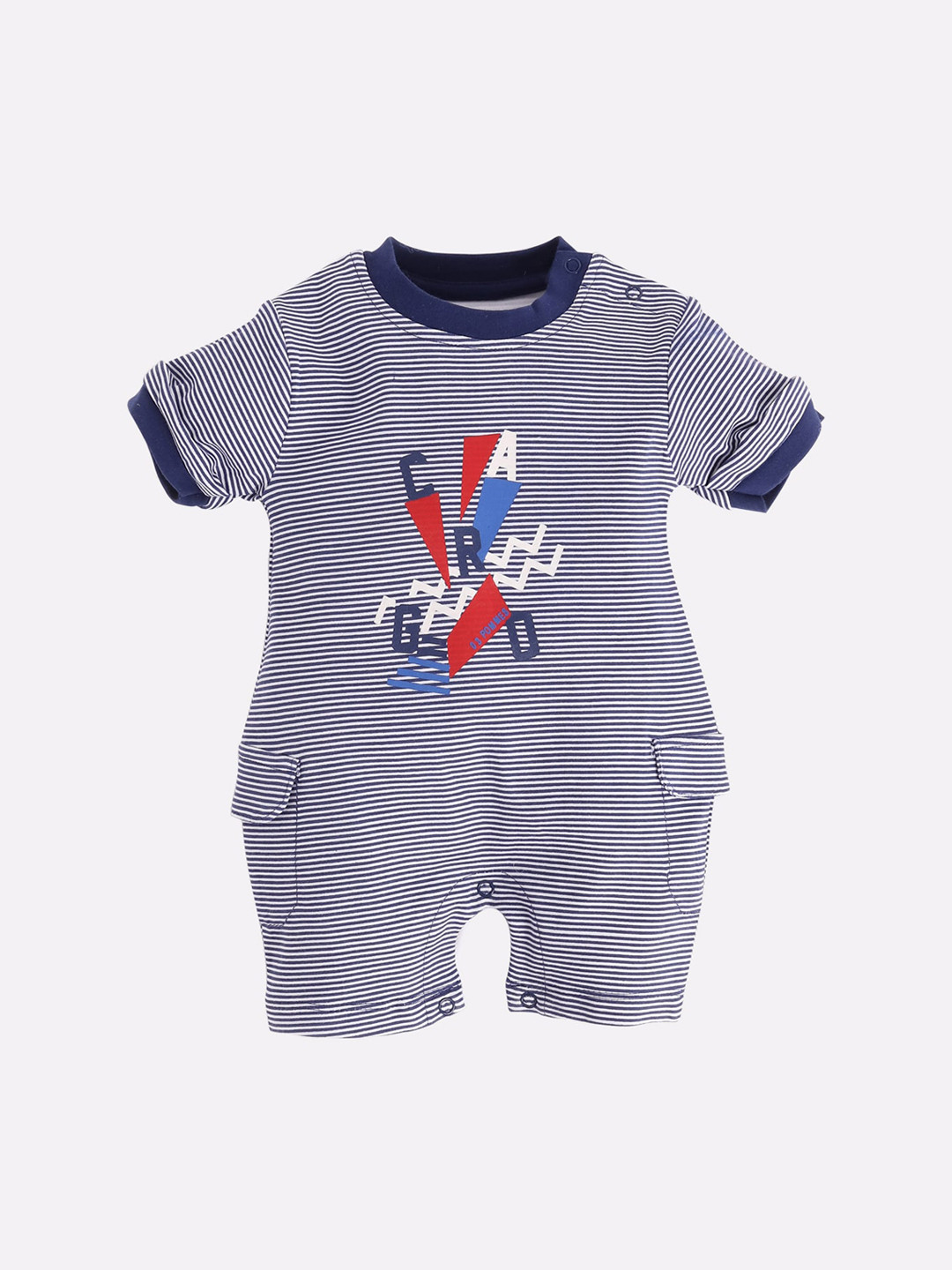 

BABY GO Infant Boys Navy Blue & White Striped Pure Cotton Romper