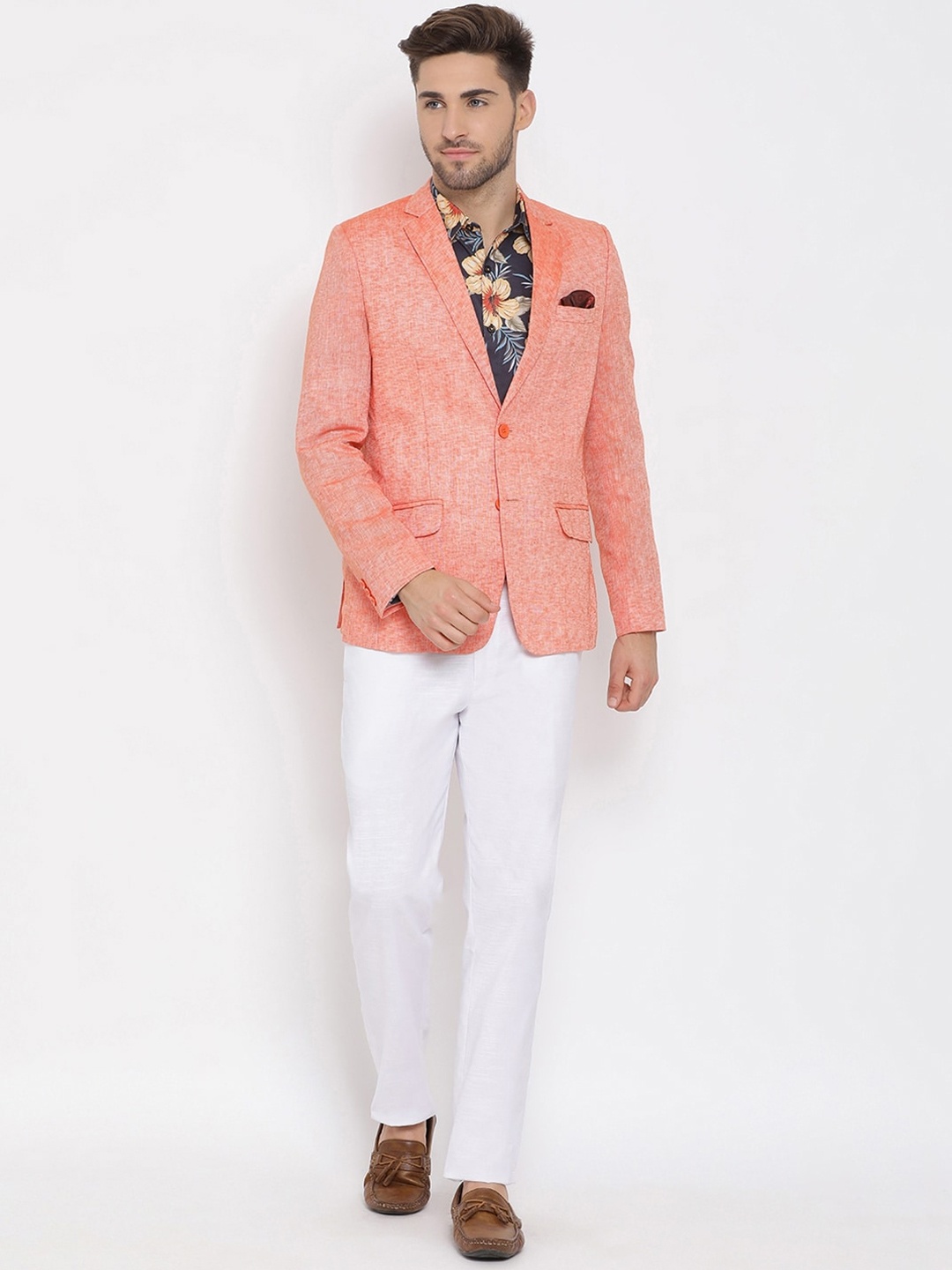 Hangup Men Coral & White Solid Single-Breasted Linen Three-Piece Suit