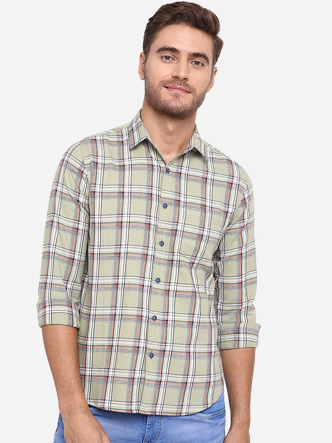 

Greenfibre Men Slim Fit Checked Pure Cotton Casual Shirt, Green