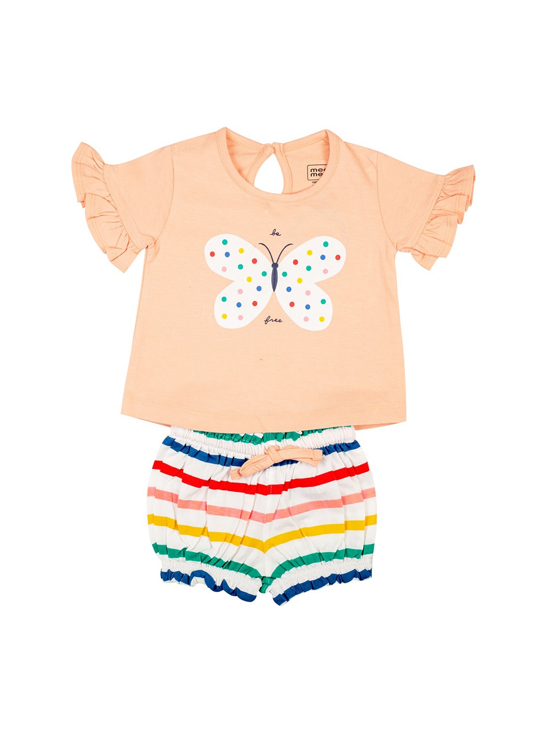 

MeeMee Girls Peach-Coloured & White Printed Cotton T-shirt with Shorts