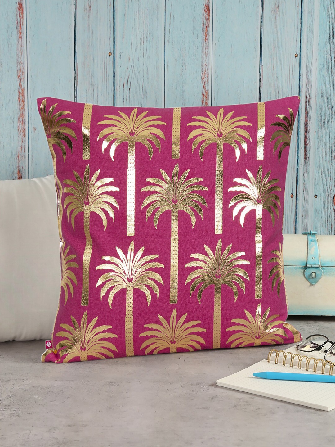 

India Circus by Krsnaa Mehta Magenta & Gold-Toned Set of Single Floral Square Cushion Covers