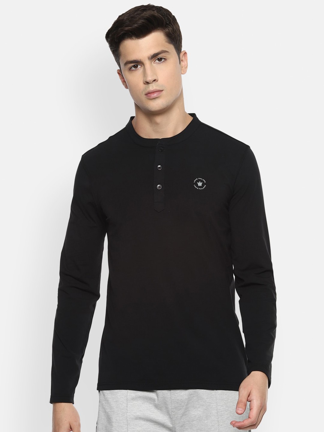 

Louis Philippe Men Black Solid Henley Neck T-shirt