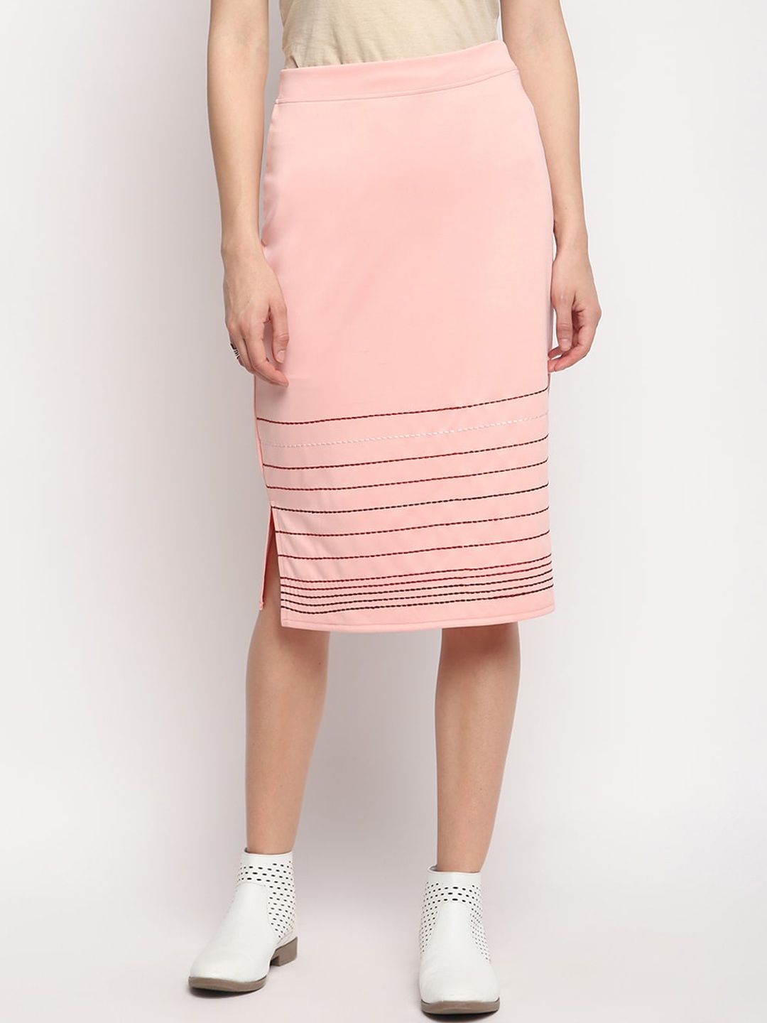 

OTORVA Women Pink Embroidered Striped Knee-Length Pencil Skirt