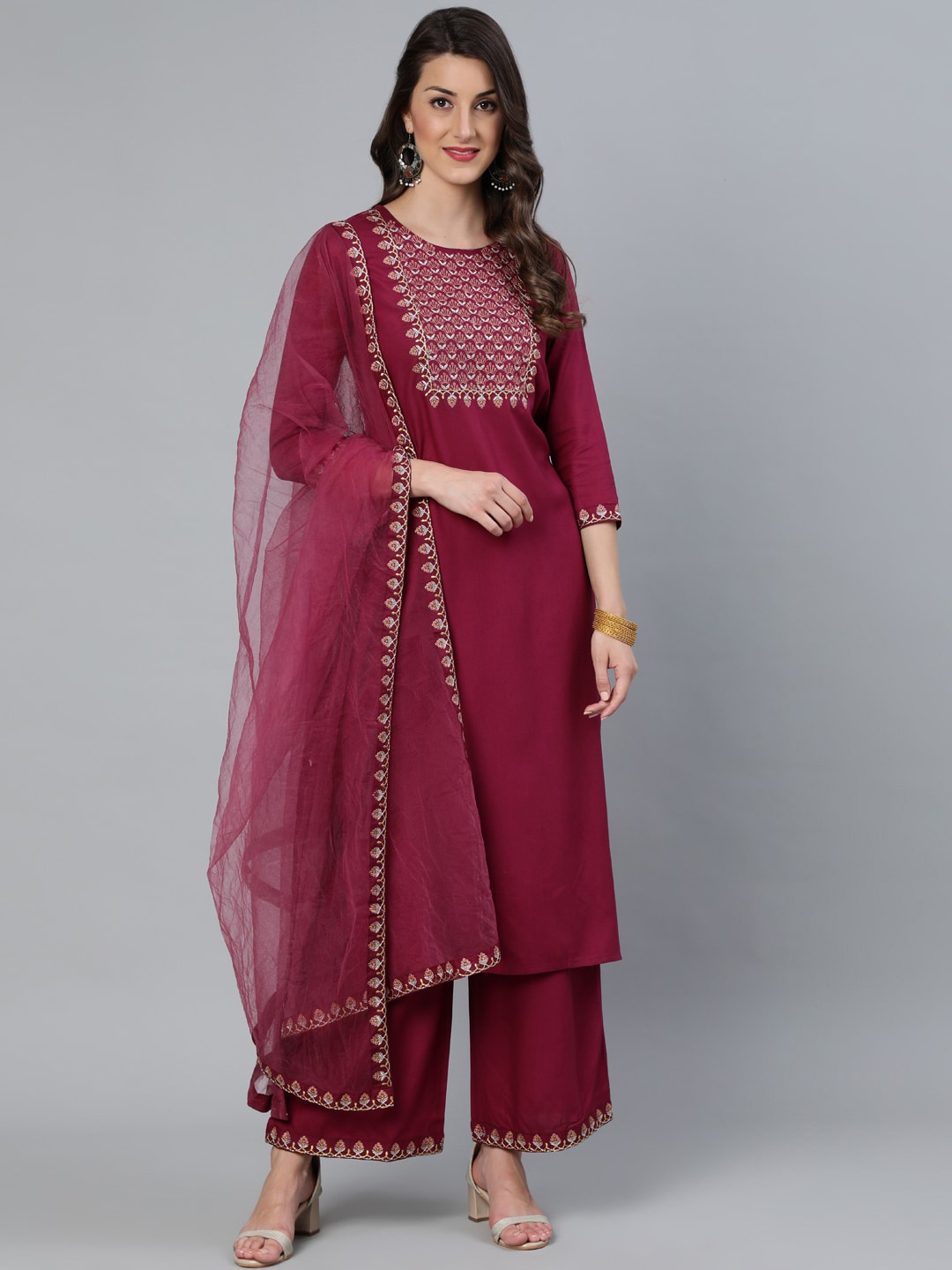 Women Burgundy Embroidered Straight Kurta Palazo & Net Dupatta