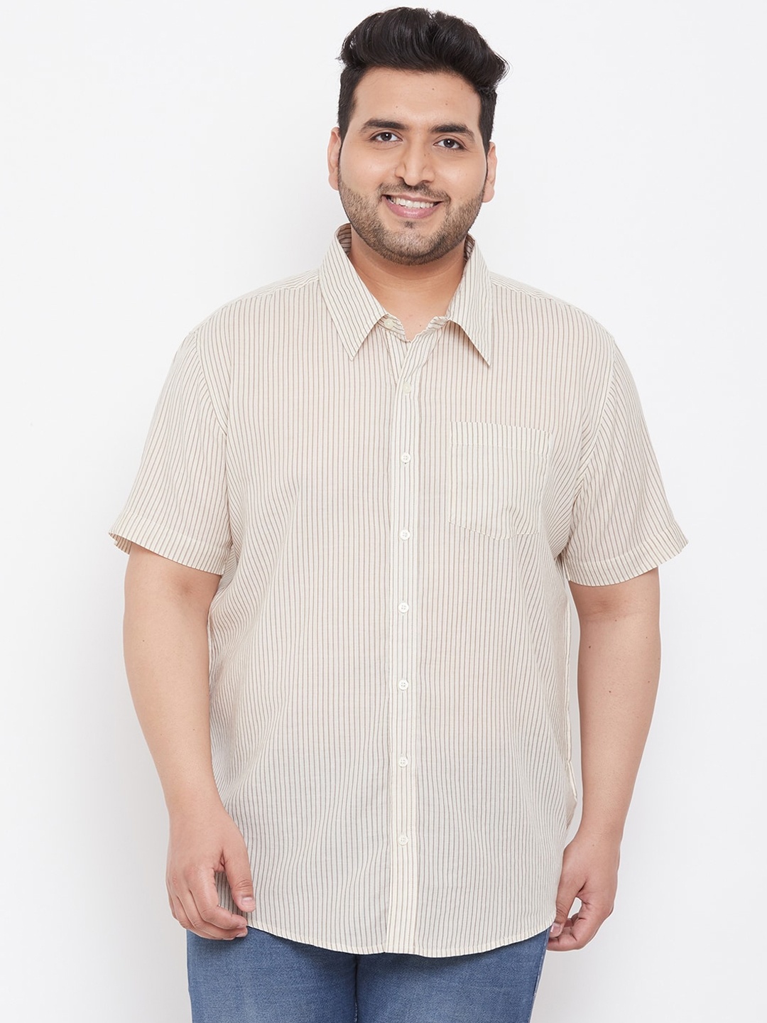 

bigbanana Men Cream-Coloured & Brown Regular Fit Striped Casual Shirt
