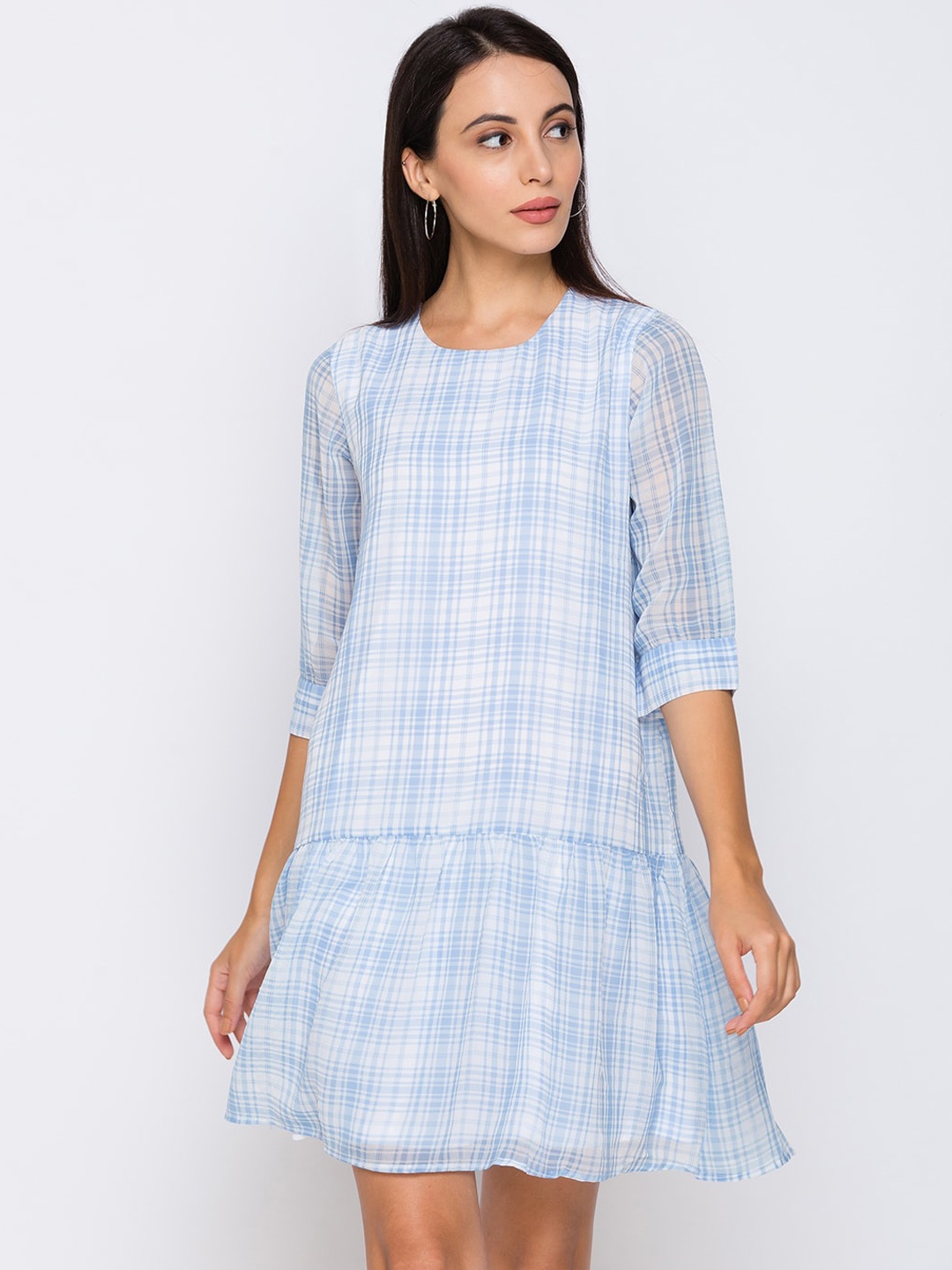 

Globus Women Blue & White Checked Drop-Waist Dress